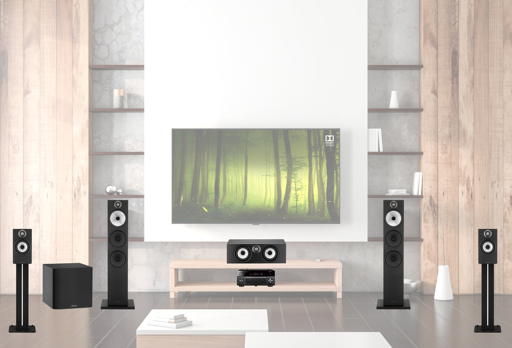 Bowers & Wilkins 600 Hi Fi Audio System Pack in a modern home living room featuring floor standing speakers, centre speaker sound bar and a television.