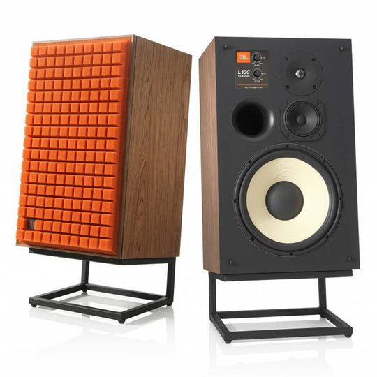 The JBL L100 Classic Loudspeakers in orange from Todds Hi Fi